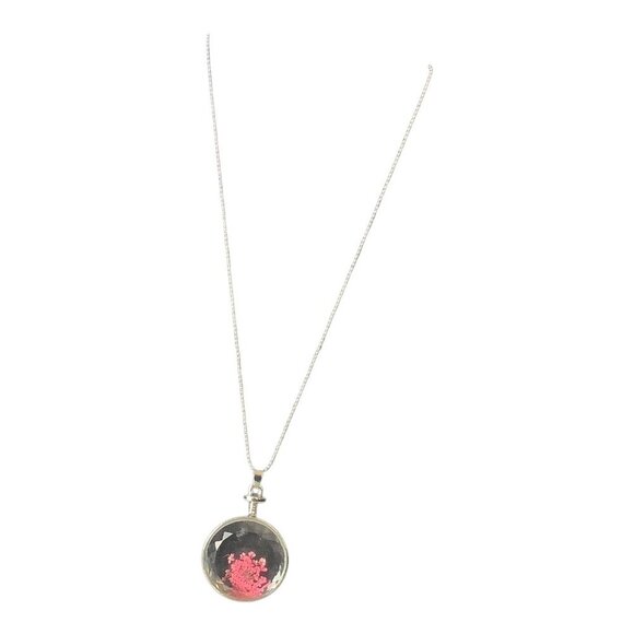 Real Dried Pink Flower Pendant Necklace W/ Clear Resin & White Gold Plated Chain - Picture 8 of 8